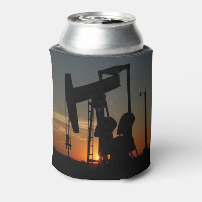 Oil Pump Jack At Sunset Can Cooler (Can Back)