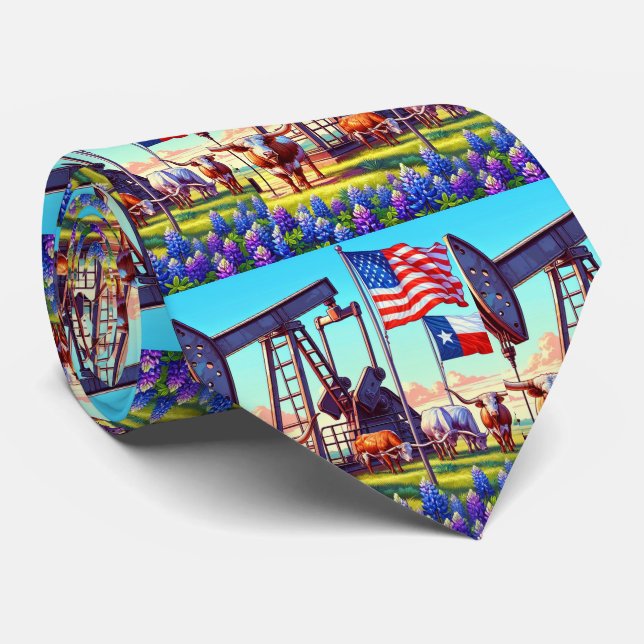 Oil Pump Jack Texas American Flag Longhorn Steer  Tie (Rolled)