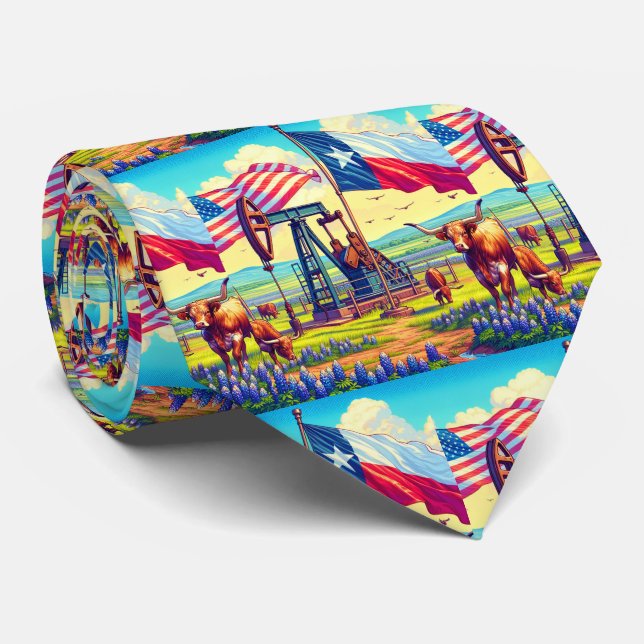 Oil Pump Jack Texas American Flag Longhorn Steer  Tie (Rolled)