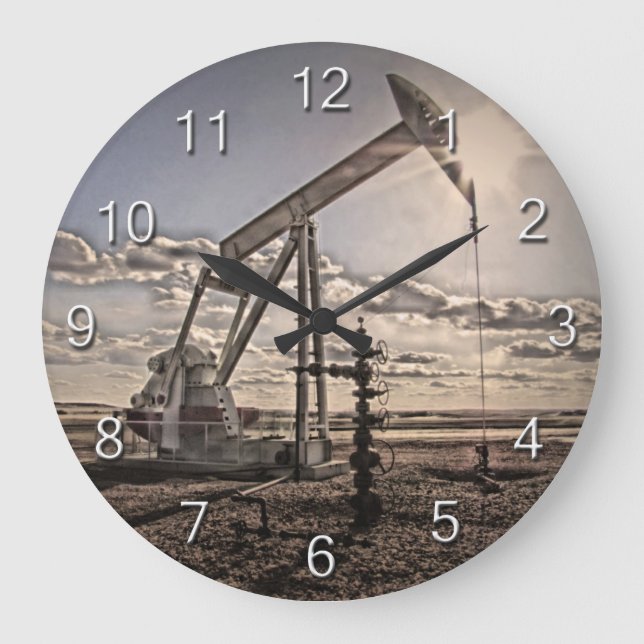 Oil Pumping Unit Blue Sky Clouds Large Clock (Front)