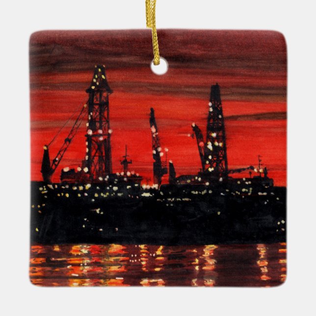 Oil Rigs at Night Ceramic Ornament (Front)