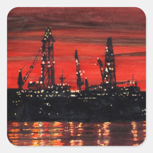 Oil Rigs at Night Square Sticker (Front)