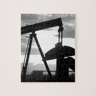 Oil Well Pump Jack Black and White Jigsaw Puzzle