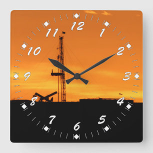 Oil Workover Rig White Numbers Square Wall Clock