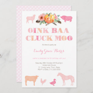 Oink Baa Cluck Moo, Farm Birthday Party for Girl Invitation