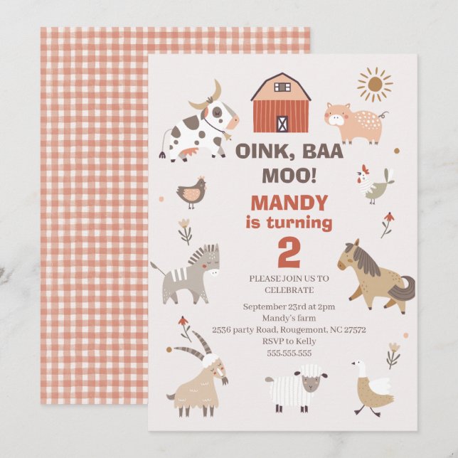 Oink Baa Moo Agritourisme Invitation Anniversaire (Devant / Derrière)