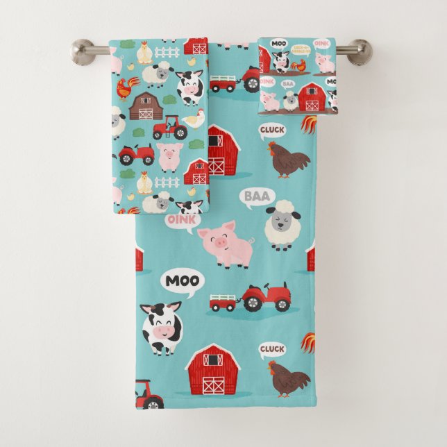 Oink Baa Moo Cock-a-doodle-do Farm Kids Bath Towel Set (Insitu)
