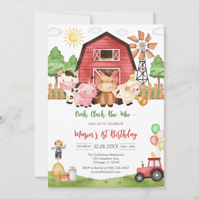 Oink Baa Quack Moo Farm Animals Birthday Invitation (Front)