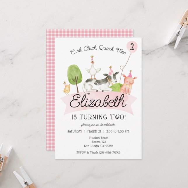 Oink Baa Quack Moo Girls Barnyard Birthday Party I Invitation (Front/Back In Situ)