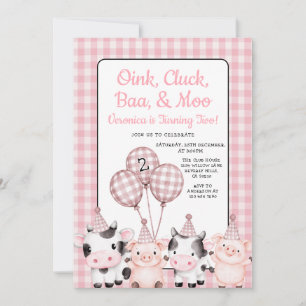 Oink, Cluck, Baa, & Moo Farm Birthday Pink Gingham Invitation