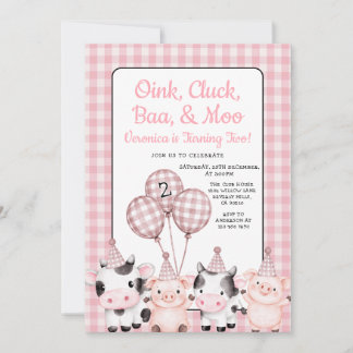 Oink, Cluck, Baa, & Moo Farm Birthday Pink Gingham Invitation