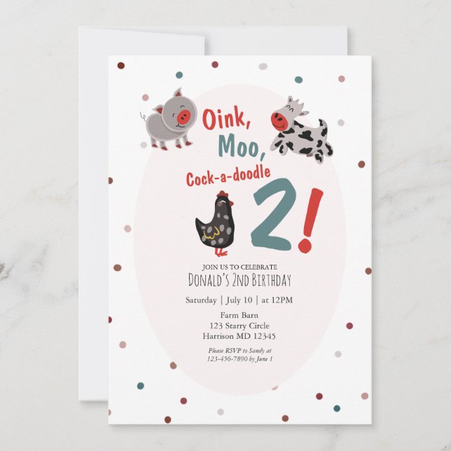 Oink Moo Farm Second Birthday Invitation (Front)