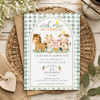 Oink Moo Green Gingham Farm Animal Baby Shower Invitation
