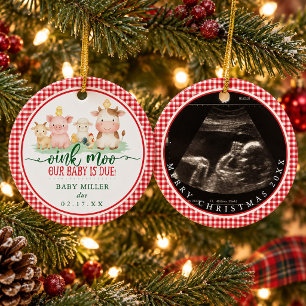 Oink Moo Our Baby is Due Farm Animal Christmas Ceramic Ornament