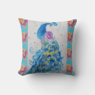 Oiseau bleu paon Coussin de rose aqua aquarelle