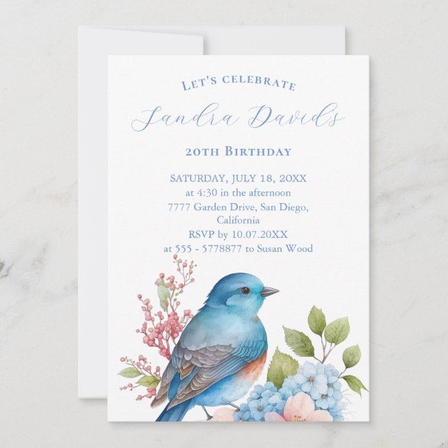 Oiseau bleu romantique Invitation Anniversaire (Devant)