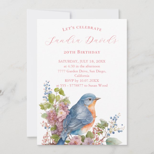 Oiseau bleu romantique Invitation Anniversaire (Devant)