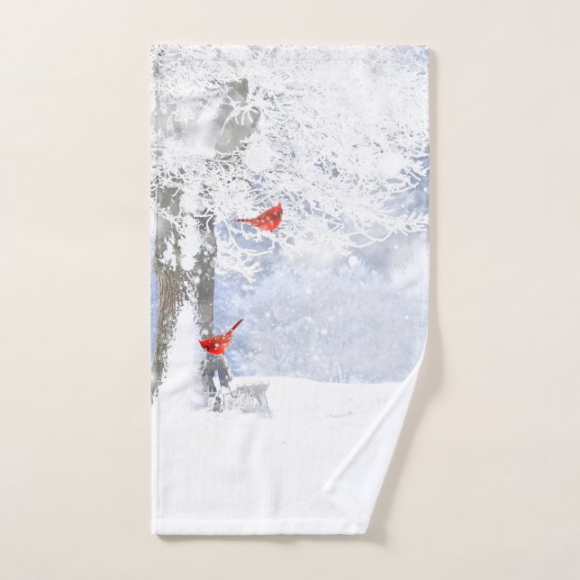 Oiseau cardinal rouge dans un bel arbre enneigé (Serviette à main)