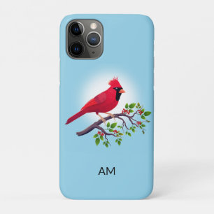 Oiseau cardinal rouge et monogramme sur Coque bleu