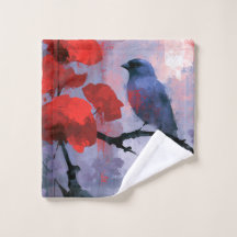 Oiseau chanteur bleu avec fleurs rouges cerise