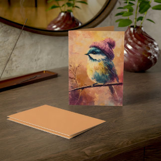 Oiseau chanteur d'hiver au chapeau tricoté | Carte