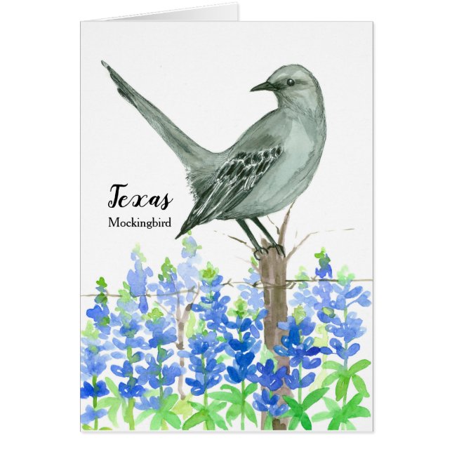 Oiseau d'État du Texas Mockingbird Aquarelle blanc (Devant)