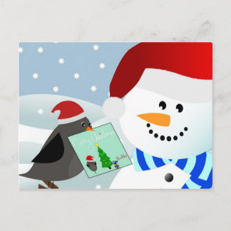 Oiseau donnant carte de noël à bonhomme de neige