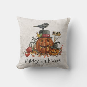 Oiseau noir d'Halloween et Citrouilles   Coussin d