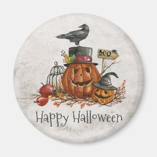 Oiseau noir d'Halloween et Citrouilles Magnet