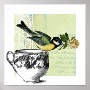Oiseau vintage avec impression d'art collage Rose