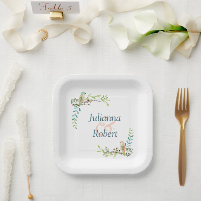 Oiseaux à l'aquarelle   assiettes en papier (Mariage)