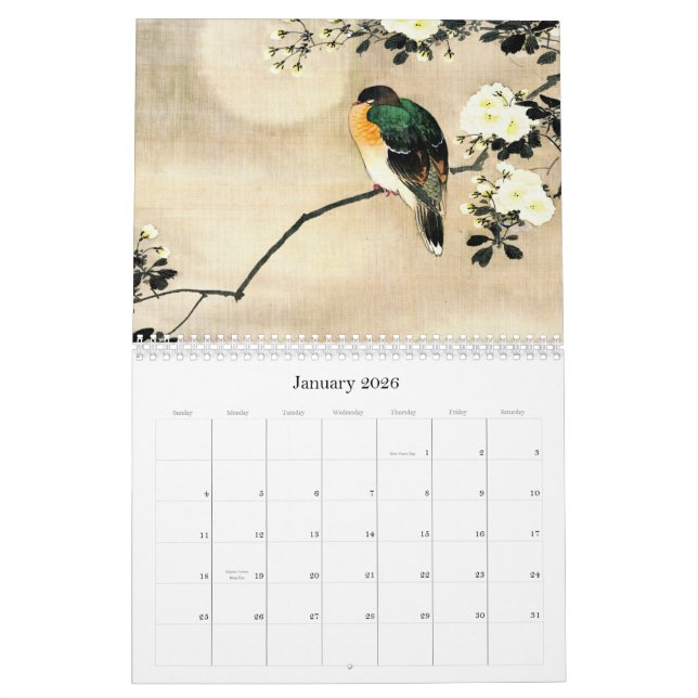 Oiseaux, arbres et calendrier japonais de fleurs (Jan 2026)