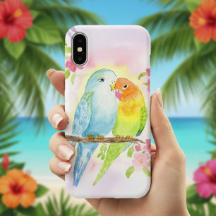 Oiseaux d'amour à l'aquarelle avec fleurs roses