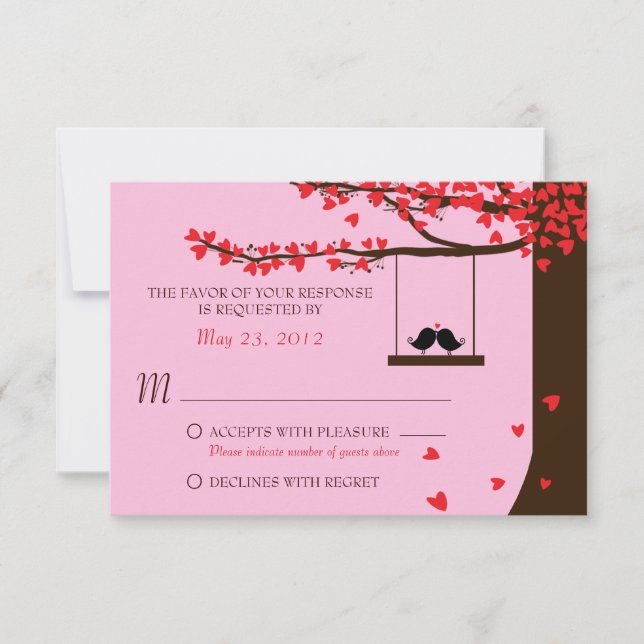 Oiseaux de l'amour tombant coeurs Chêne RSVP (Devant)