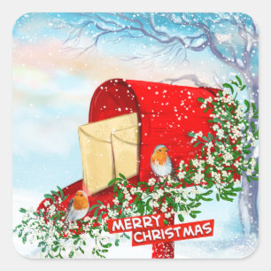 Oiseaux de Noël de neige Boîte rouge Carré Sticker