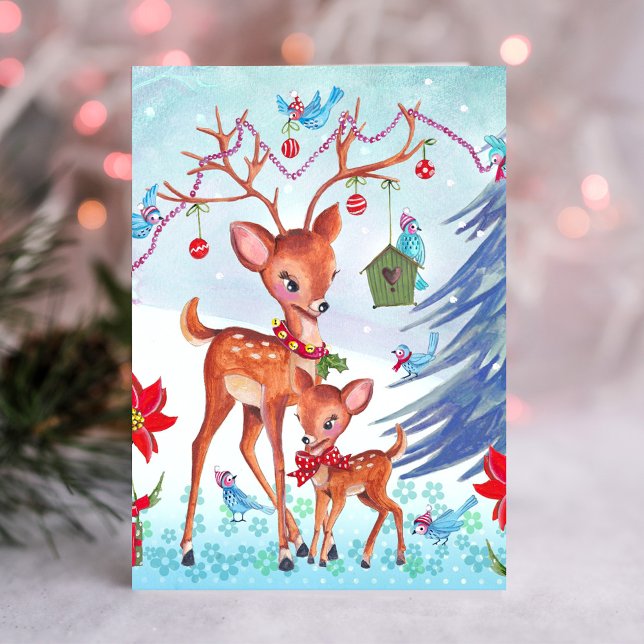 Oiseaux de Noël des cerfs | Carte de voeux de vaca (Deer Christmas Birds | Holiday Greeting card)