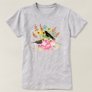 Oiseaux de style été en T-shirt gris Jardin Fleur