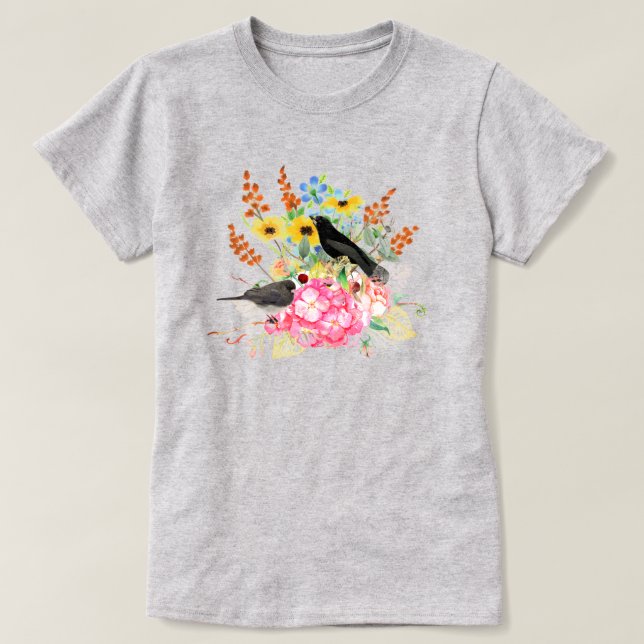 Oiseaux de style été en T-shirt gris Jardin Fleur (Design devant)