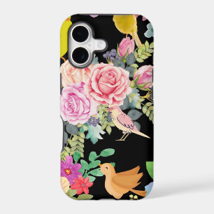 Oiseaux et fleurs colorés et vibrants sur fond noi