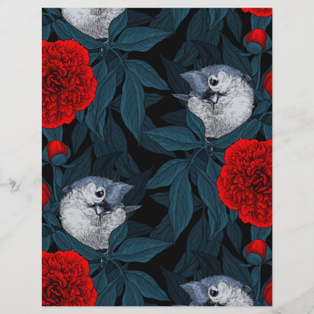 Oiseaux et fleurs de pivoines rouges avec feuilles (Devant)