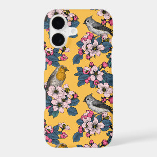 Oiseaux et fleurs sur le jaune