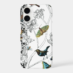 Oiseaux et papillon sur fond noir et blanc