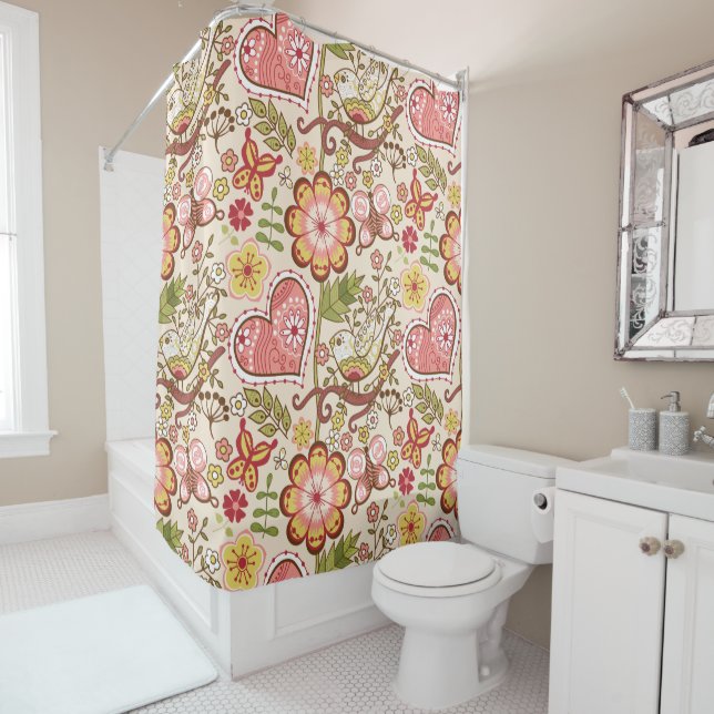 Oiseaux lunatiques, fleurs, rideau en douche de (En situation)