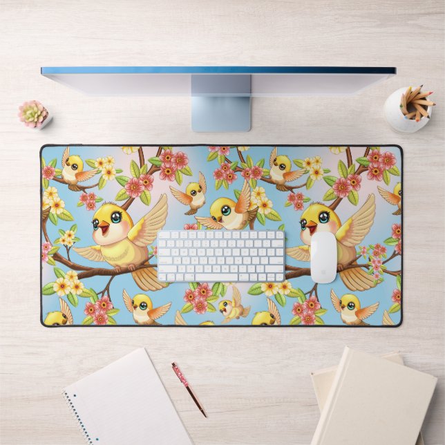 Oiseaux mignons et heureux parmi les fleurs du pri (Bureau 1)