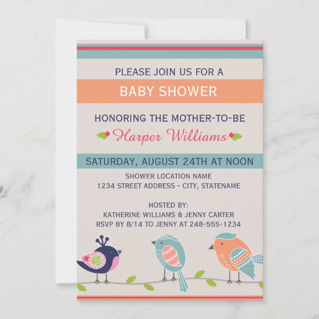 Oiseaux mignons - Invitation Baby shower (Devant)