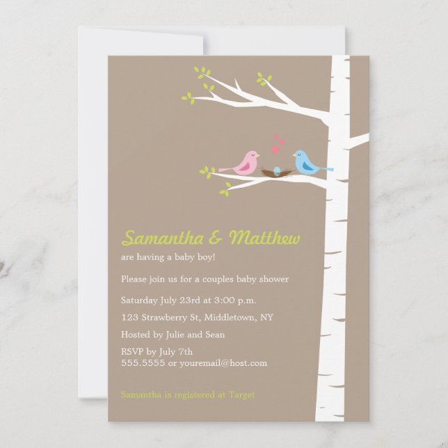 Oiseaux modernes Couples Baby shower Invitation Ga (Devant)