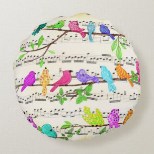 Oiseaux musicaux colorés Printemps Coussin rond