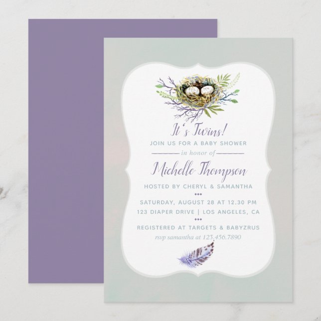 Oiseaux Nest Twins Baby shower Invitation (Devant / Derrière)