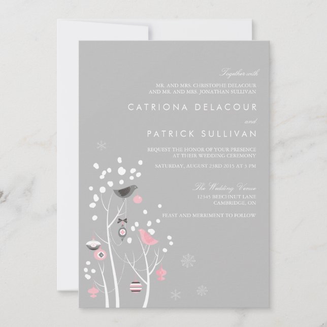 Oiseaux roses et gris Faire-part de mariage de nei (Devant)