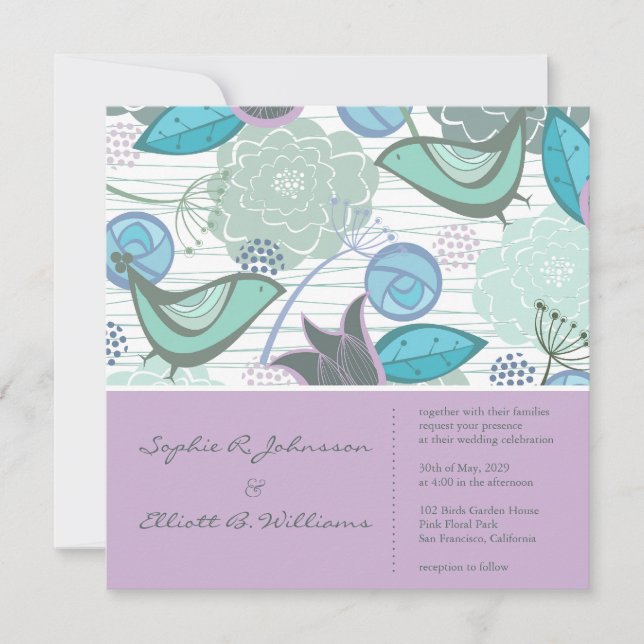 Oiseaux Turquoises doux Jardin Floral Invitation d (Devant)